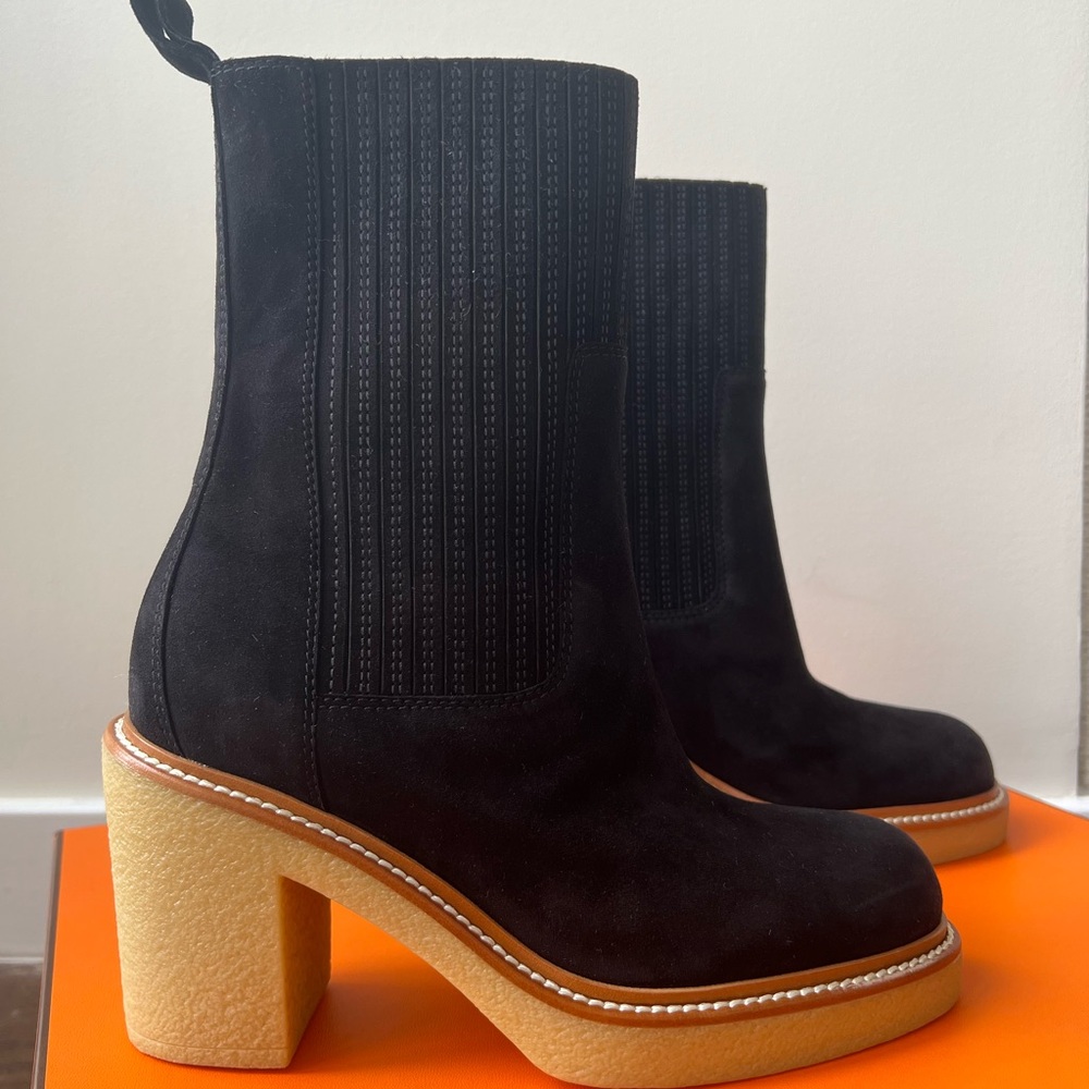 BNIN Hermes Black Suede Donia Heeled Boots 37.5 in Box + Dustbags $2000